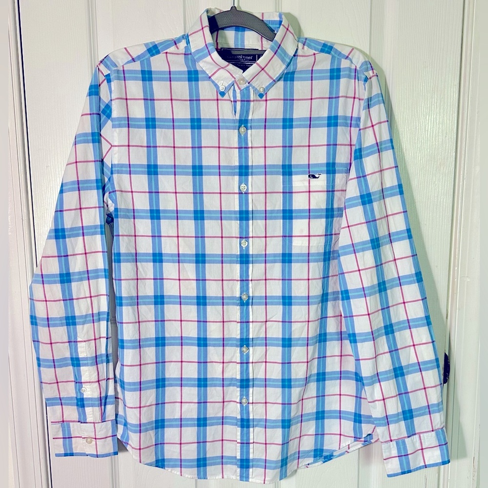 Vineyard Vines Shirt Men's medium, blue, white, and pink Plaid Slim Fit Tucker